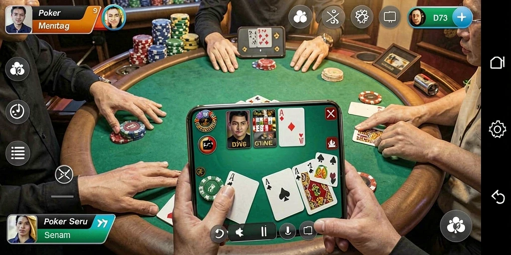 Screenshot D73 menampilkan aksi seru permainan poker yang menarik.