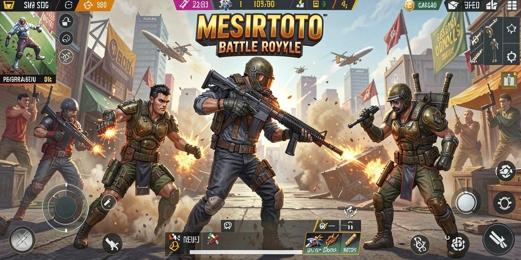 Screenshot permainan <strong>MESIRTOTO</strong> memperlihatkan aksi seru dalam Battle Royale.