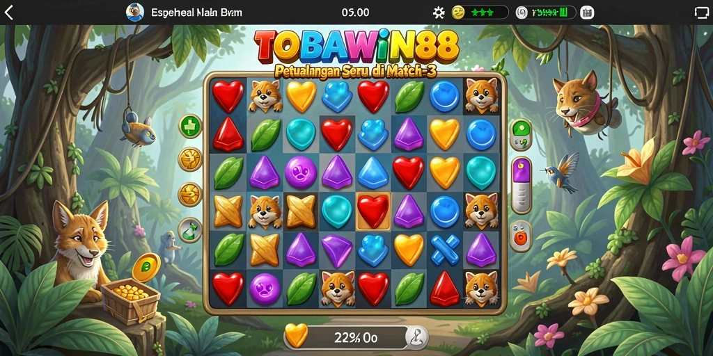 Screenshot TOBAWIN88 menampilkan gameplay seru Match-3 dengan grafis cerah.